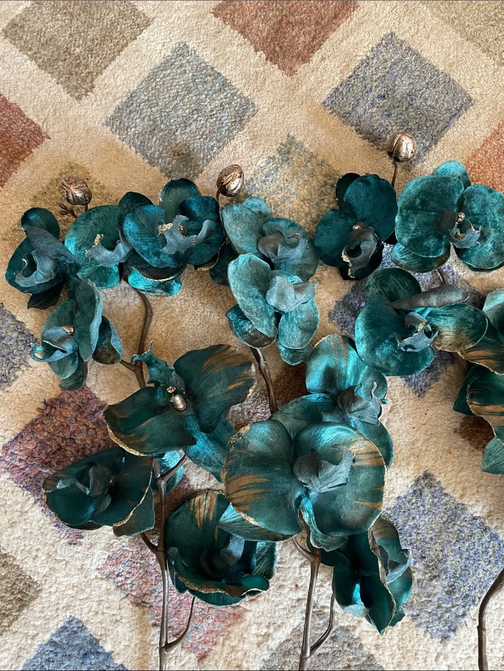 Teal and Gold Orchid Stems (4)- Decorative Home Accent